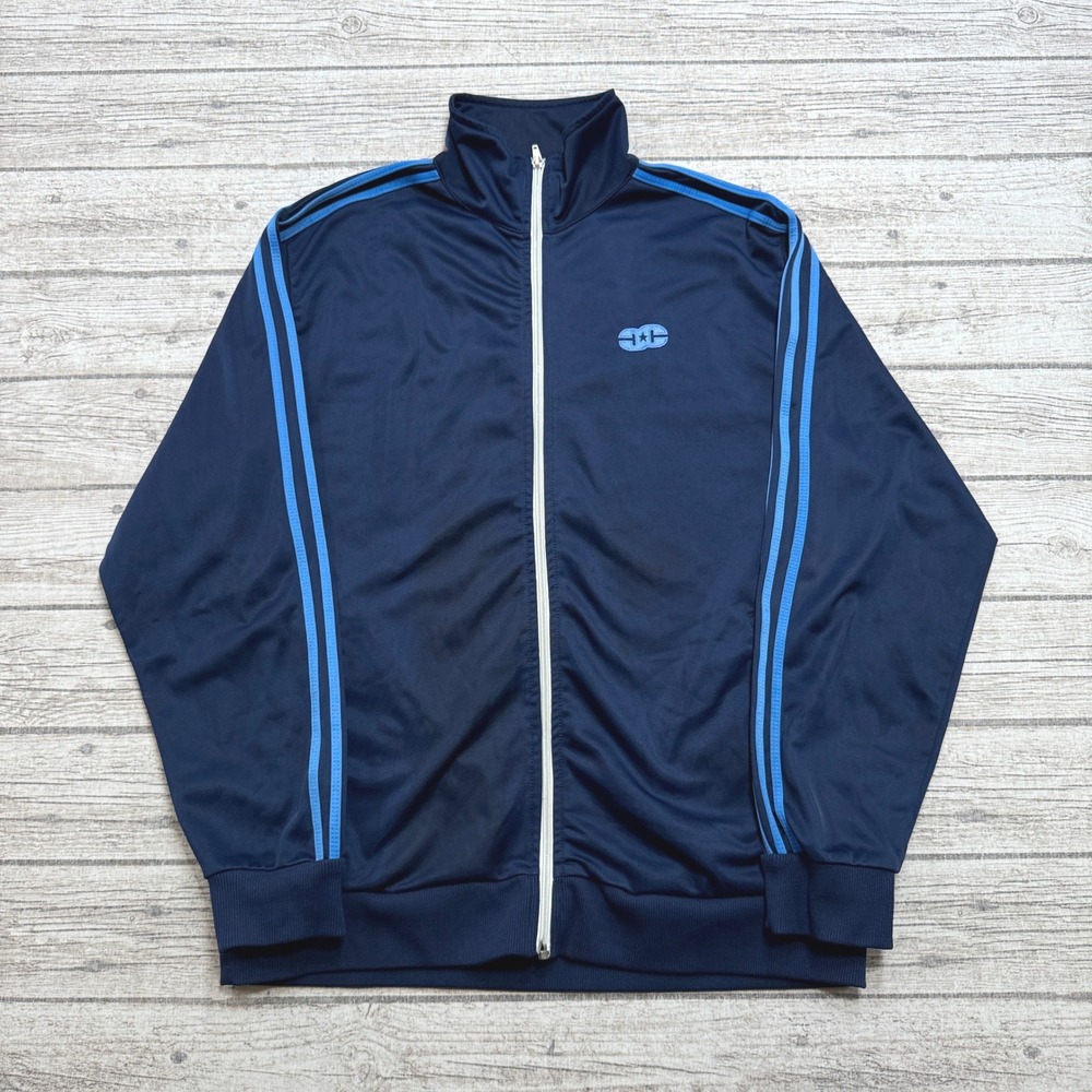 Y2K Track Jacket Mens XL Navy Blue Striped Mockneck Training Athletic Sportswear